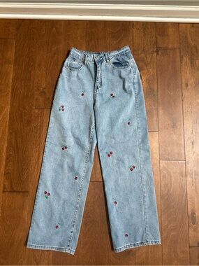 Amazon Light Blue Denim Wide Leg Jeans with Red Cherry Embroidery